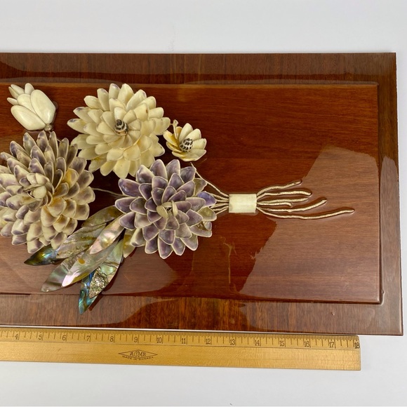 Vintage shell art picture, flowers, floral purple white, mother of pearl, Spain - Picture 13 of 13
